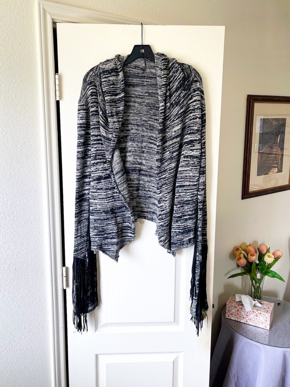 If Six Was Nine Black Hawk Hooded Cardigan Fringe Knit Size 2 EUC